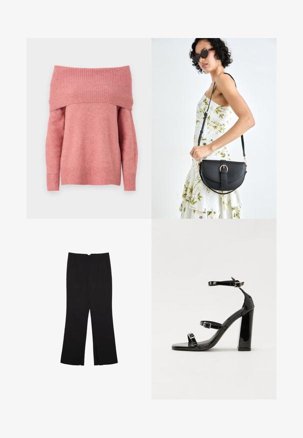 Pulover brez naramnic iz mehkega rožnatega blaga z rebrastim ovratnikom in manšeti. Redna prileganje z gladko teksturo in dolgimi rokavi.; Črne hlače ravnega kroja z naglavnimi žepi in stranskimi razporki na robu. Narejene iz mehke, gladke tkanine. Primerne za različne priložnosti.; Črne lakirane sandale s peto, kvadratnim prstom, trakovi okrog gležnja in srebrnimi zaponkami. Opremljene so s stabilno Debelo peto.; Črna usnjena torbica s ukrivljeno obliko, z odstranljivo naramnico in zlatimi dodatki. Torbica ima pokrov s podrobnostmi v obliki zaponke.