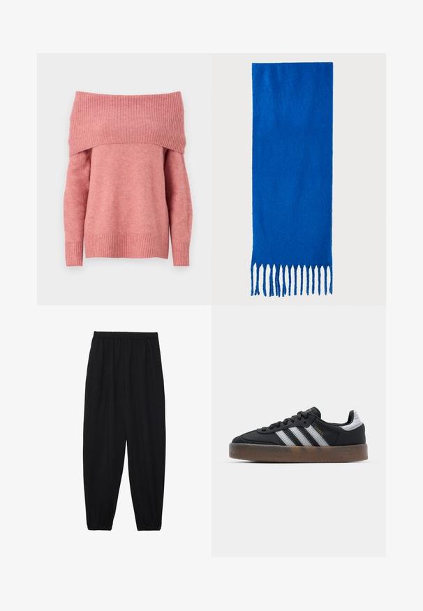 Vállnélküli pulóver puha rózsaszín anyagból, bordás nyakkal és mandzsettákkal. Szabványos fazon, sima textúrával és hosszú ujakkal.; Fekete, könnyű nadrág elasztikus derékkal és ráncolt bokákkal. Az anyag sima és laza, szűkített dizájnnal rendelkezik.; Fekete sportcipő, amelynek letisztult dizájnja van, három fehér csíkkal, fekete nyelvvel és textúrázott barna gumitalppal. Arany betűs díszítések.; Kék, rojtos sál puha anyagból; egyszínű, texturált felülettel rendelkezik, az alján pedig egyenletesen vágott rojttal van ellátva.; Fekete bőr hobo táska sima textúrával, ívelt formával és egyetlen állítható pánttal; széles nyílás található a tetején.
