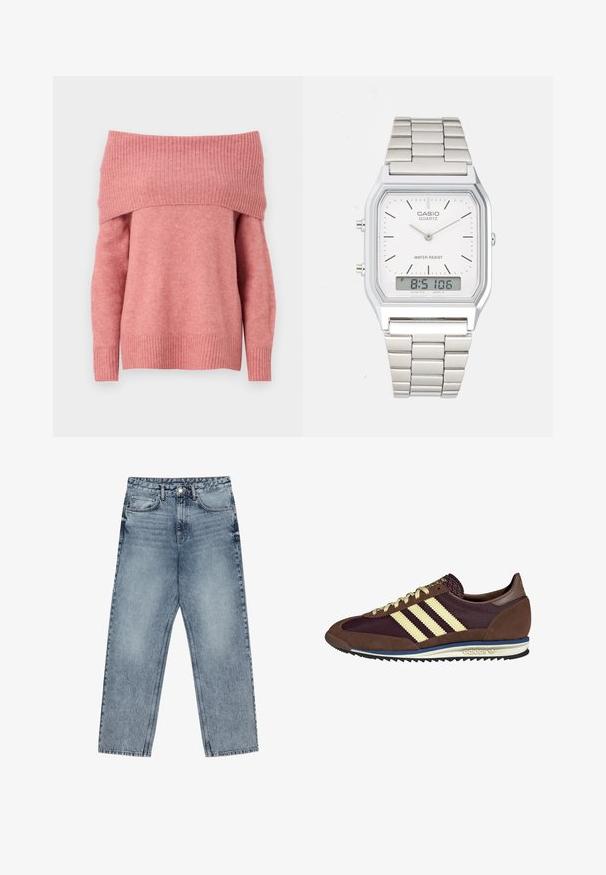 Svetr s odhalenými rameny v jemnej ružovej textílii s rebrovaným výstrihom a manžetami. Klasický strih s hladkou textúrou a dlhými rukávmi.; Svetlomodré džíny s rovnými nohavicami, viditeľným prešívaním, dizajnom s piatimi vreckami a zapínaním na gombík v oblasti pása.; Hnedé a bordové tenisky z semišu a sieťoviny, s tromi krémovými pruhmi, textúrovanou tkaninou na jazyku a gumovou podrážkou.; Strieborné hodinky z nehrdzavejúcej ocele so štvorcovým puzdrom, bielym ciferníkom, analógovým a digitálnym zobrazením a kovovým náramkom. Vodoodolný dizajn.