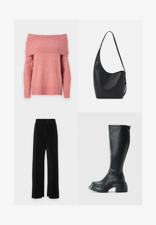 Sweater off-the-shoulder em tecido rosa suave com gola e punhos canelados. Corte regular com uma textura suave e mangas longas.; Calças pregueadas pretas com uma cintura elástica. Apresentam pernas largas e um tecido liso, texturizado com riscas verticais.; Bota preta de couro alta com sola de plataforma robusta e salto bloco, apresentando puxador e padrão texturizado na sola.; Saco hobo preto em pele com uma textura lisa, forma curva e uma única alça ajustável; apresenta uma abertura larga na parte de cima.