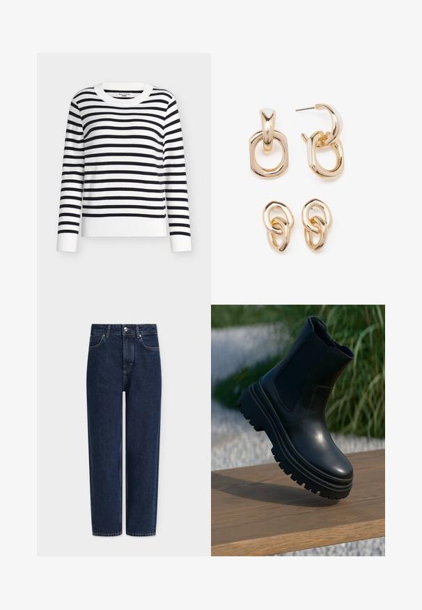 Black and white striped pullover sweater, featuring a ribbed round neckline and cuffs, made from soft fabric with a relaxed fit.; Dark blue denim jeans with a straight leg, high waist, silver hardware, front pockets, and subtle stitching details. Classic five-pocket design.; Black leather ankle boot with a chunky sole, elasticated side panels, and a smooth finish. Elevated design with contrasting tread detail.; Gold-toned earrings featuring a mix of geometric shapes: a square, circle, and linked oval designs with a polished finish.