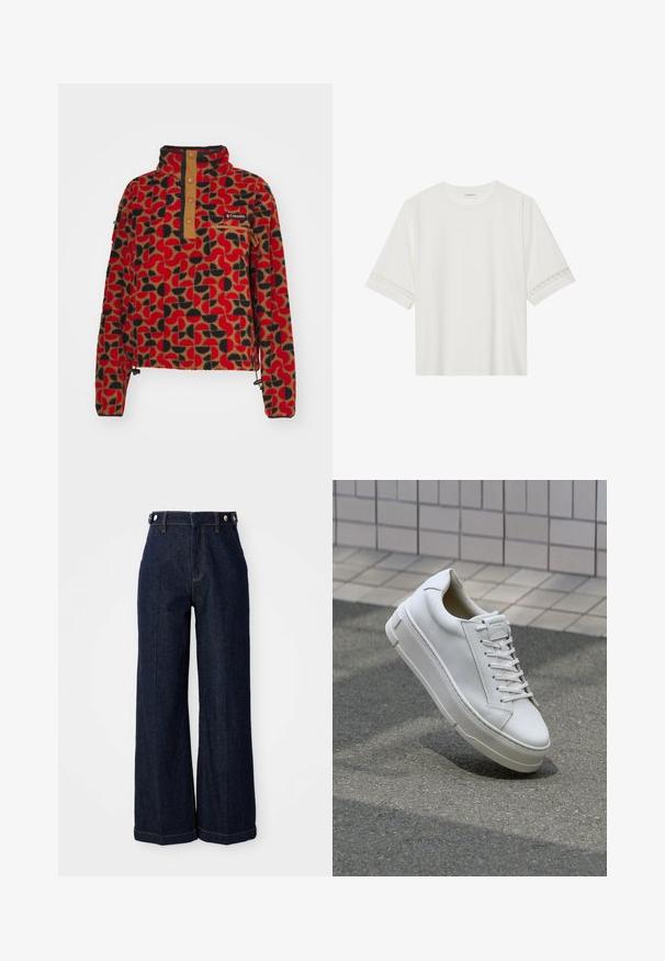 Columbia HELVETIA™ II PRINTED CROPPED HALF SNAP - Fleece jumper - red; White short-sleeve t-shirt made from cotton, featuring decorative lace trim along the sleeves and a round neckline.; Dark blue wide-leg jeans made from denim, featuring a high waist, five-pocket design, and contrasting orange stitching.; White leather sneaker with a low-top design, flat laces, rounded toe, and textured sides. Thick rubber sole with subtle accents.