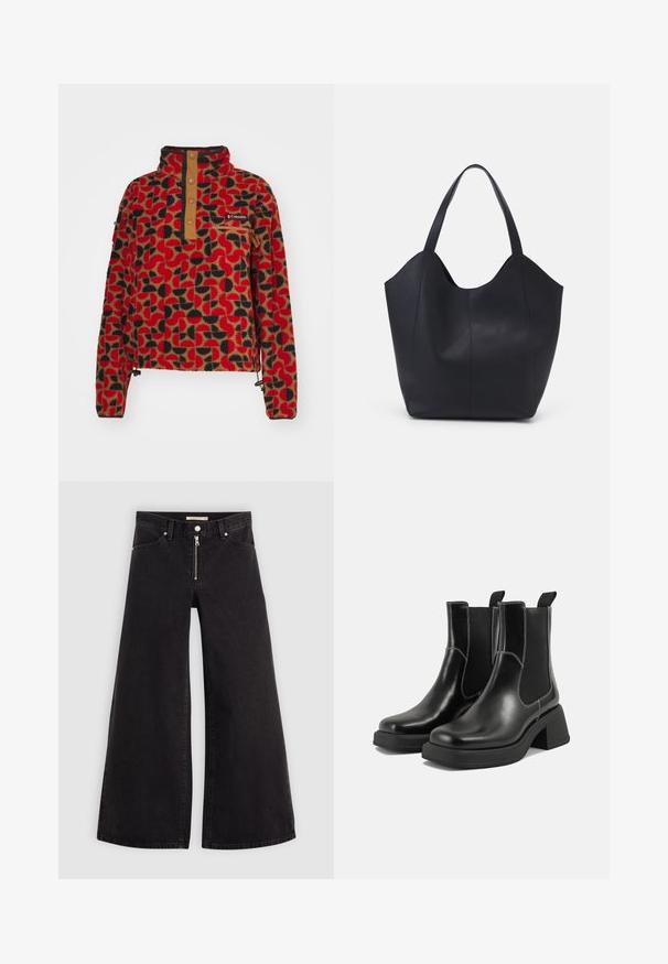 Columbia HELVETIA™ II PRINTED CROPPED HALF SNAP - Fleecegenser - red; Vide benbukser i sort denim med glidelås i front, fem-lomme design og subtile sømdetaljer. Glatt tekstur og avslappet stil.; Sorte lær Chelsea støvler med en kraftig hæl, elastiske sidepaneler og kontrasterende hvid syning. Teksturert overflate.; Svart tote-veske laget av glatt lær, med en buet, åpen topp og to skulderstropper, samt et minimalistisk design.