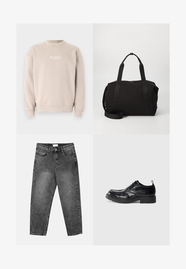 Bež sviiter pehme kangaga, millel on ümar kaelus. Omab rinnal valget teksti ja ribakudumist mansettides ja allääres.; Viie lühikese varrukaga T-särgi komplekt, mis sisaldab valget, beeži, heletüüki, tumehallit ja musta. Valmistatud siledast puuvillast, ümmarguse kaela disainiga.; Mustad pestudega sirged teksad, millel on ees ja taga taskud, vööniidid ja nööbiga sulgemine vöö ümber.; Must musta kingad, ümarate varvastega, nööpidega esiosaga ja dekoratiivse õmblusega. Omab paksu, tekstureeritud kummist talla ja kandetappi.; Must must sõjaline kott, paksude kangide ja eemaldatava rihmaga. Valmistatud siledast kangast, millel on lukuga sulgemine ja minimalistlik disain.