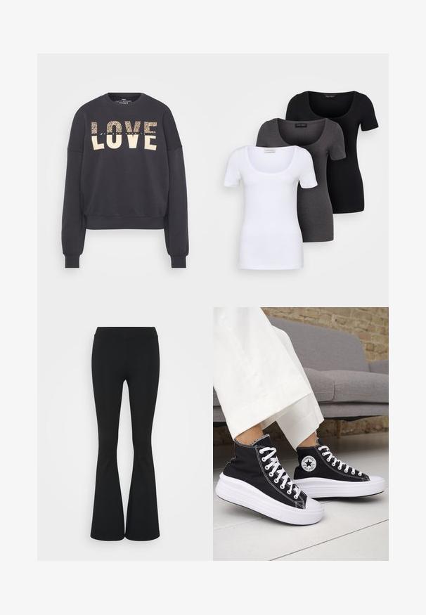 Dark grey sweatshirt with a cropped design. Features "LOVE" in cream and animal print, ribbed cuffs, and a crew neckline. Soft texture.; Three fitted T-shirts in white, gray, and black. Each features a wide scoop neckline and short sleeves. Made from smooth, stretchy fabric.; Black flared pants made of stretchy fabric, featuring a high waistband and a smooth texture. The pants flare out from the knee.; Black high-top sneakers with white rubber soles and laces. Features a round logo patch and contrasting white stitching. Canvas material.