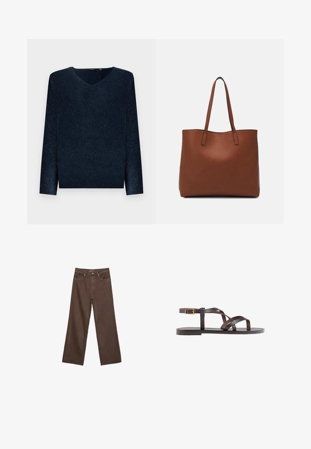 Mornarsko modra rebrasta pletena majica z V-izrezom, dolgimi rokavi in sproščenim krojem. Mehak material z rahlim sijajem po celotni tkanini.; Široke rjave kavbojke iz denima, ki imajo visok pas, sprednje žepe in klasično zapiranje na gumb. Gladka tekstura s subtilnim šivom.; Rjav usnjen sandal z načinom prečnega črta, zaklepom okoli gležnja in ravnim podplatom z minimalnimi šivi.; Rjava usnjena torba z gladko teksturo, odprto zasnovo zgoraj in dvema naramnima trakovoma. Opremljena je z minimalnim šivanjem in brez vidnih kovinskih delov.