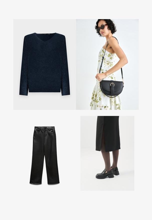 Navy kék bordázott kötött pulóver V-kivágással, hosszú ujjal és laza szabással. Puha tapintás, a szöveten finom fény csillog.; Fekete műbőr bőszárú nadrág elején zsebekkel, övbújtatókkal és finom csillogással. Simaságú anyag és szabott fazon.; Fekete bőr cipők lekerekített orral, vastag blokk sarkakkal és elasztikus oldalsó díszítésekkel, sötét harisnyával és hasítékkal ellátott fekete szoknyával párosítva.; Fekete bőrtáska ívelt formával, levehető pánttal és arany színű fémrészekkel. A táskán egy csattal díszített fedél található.