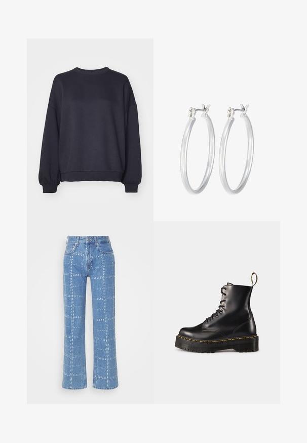 Tumši zila sporta krekls, kas izgatavots no mīksta auduma. Tam ir apaļš dekoltē, kritušie pleci un ribotās piedurknes un apakšmalas. Vienkāršs dizains bez rakstiem.; Gai zilo denimu bikses ar taisnu kāju griezumu, ar sudraba kniedēm izveidotu režģa rakstu un klasisku piecu kabatu dizainu.; Melnas ādas lakotās potītes ar masīvu melnu zoli un dzelteno šuvju. Izvērsta cilpa aizmugurē un apaļie metāla acu caurumi.; Sudraba riņķveida auss gredzeni ar gludu, pulētu apdari. Apaļa forma un drošs klikšķa augšējais slēgums. Viegls dizains, kas piemērots ikdienas valkāšanai.