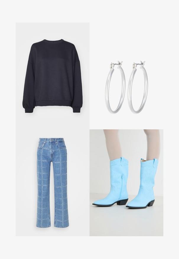 Tume merev snood pehmest kangast. Omab ümmargust kaela lõiget, langenud õlgu ning soonikkoes varrukaid ja alläärte. Lihtne disain, ilma mustriteta.; Kergedest sinised denim püksid sirge säärega, millel on hõbedaste studide ruuduline muster ja klassikaline viie taskuga disain.; Heled sinised cowboy-saapad, millel on tikand, külgimine lukk, terava nina ja must kanda. Sile nahk.; Hõbedased rõngaskõrvarõngad, millel on sile, läikiv viimistlus. Ümmargune kuju ja turvaline klõpsulatus. Kerge disain, sobib igapäevaseks kandmiseks.