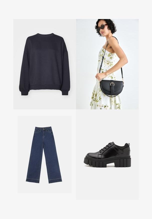 Temno modra dukserica iz mehkega blaga. Ima krojen ovratnik, spuščena ramena ter rebraste manšete in rob. Preprost dizajn brez vzorcev.; Široke traperice v temno modrem denimu. Imajo pet žepov, zanke za pas in surov rob na dnu z vidnimi šivi.; Črne usnjene platforme z debelim blokastim petam, okroglo konico in klasičnim vezanjem. Imajo gladko teksturo in minimalne podrobnosti.; Črna usnjena torbica s ukrivljeno obliko, z odstranljivo naramnico in zlatimi dodatki. Torbica ima pokrov s podrobnostmi v obliki zaponke.