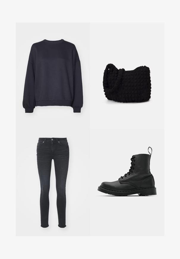 Tamsiai mėlynas džemperis, pagamintas iš minkštos medžiagos. Yra apvalus iškirpimas, nukritusiomis petukų linijomis ir banguotais rankogaliais bei apačia. Paprastas dizainas, be raštų.; Juodos džinsinės liesos kelnės su vidutinio aukščio liemeniu, penkiomis kišenėmis ir suplėšytu galiuku. Audinys turi lygų tekstūrą su nedideliu tamprumu.; Juodas odinis kovinis botas su apvalioms pirštams, šnerviniu priekiniu užsegimu ir užtraukiamu užtrauktuku prie kulkšnies. Ypatybė - storas guminis padas, užtikrinantis ilgaamžiškumą.; Juodas audinio maišelis su tekstūruota, siuvinėta raštu. Apvalios formos, trumpi, stori rankenėlės ir minkšta, lanksti struktūra.; Sidabriniai auskarai su sklandžiu, poliruotu paviršiumi. Apvalios formos ir saugus uždarymo mechanizmas. Lengvas dizainas, tinkantis kasdieniam dėvėjimui.