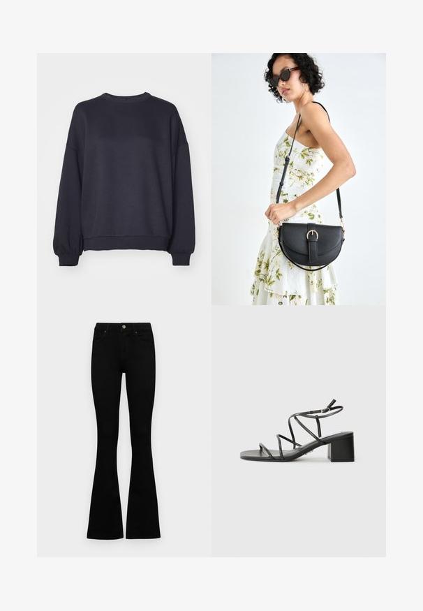 Felpa blu navy scuro realizzata in tessuto morbido. Presenta un collo tondo, spalle cadenti e polsini e bordo a costine. Design semplice senza motivi.; Jeans neri a vita alta con chiusura a bottoni e zip, tasche frontali e gambali svasati, distesi su uno sfondo bianco.; Sandali neri con cinturini, punta quadrata e tacco spesso, realizzati in materiale morbido. Presentano cinturini regolabili alla caviglia e hardware minimal.; Borsa a tracolla nera in pelle con una forma curva, manico rimovibile e accessori dorati. La borsa presenta una patta con un dettaglio a fibbia.