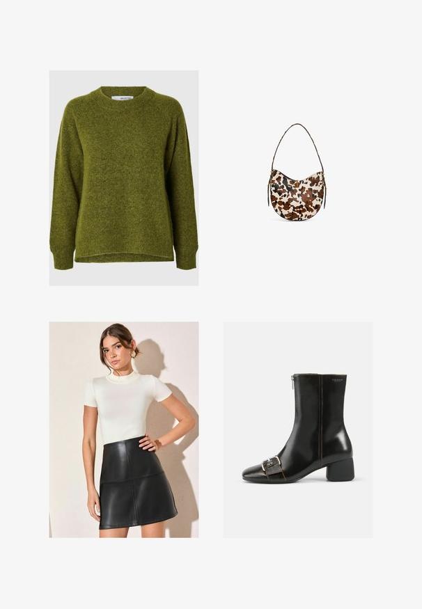 Zelena pletena pulover s okroglim izrezom, spuščeni rameni in sproščenim krojem. Mehak tekstura in nekoliko daljši zadnji rob.; Bela rebrasta kratka majica s kratkimi rokavi v kombinaciji s črno mini krilom iz umetnega usnja, ki ima detajle v panojskih oblikah in elegantno silhueto.; Črne usnjene gležnjarje z zaobljenim nosom, stranskim zadrgo in srebrnim podrobnostmi s sponko. Imajo masiven pete in kontrastno šivanje.; Hobo torba iz teksturirane usnjene tkanine z rjavimi in belimi lisami kravjega vzorca, vsebuje ukrivljeno obliko in en sam naramni trak z zlatimi elementi.; Zlato obložene uhane v obliki obroča z gladkim, ožjim oblikovanjem. Imajo poliran zaključek in ukrivljeno silhueto, kar poudarja njihovo moderno obliko.