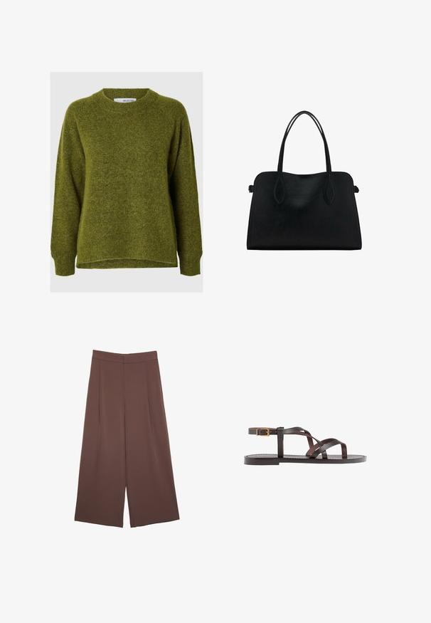 Grön stickad tröja med rund halsringning, sänkta axlar och avslappnad passform. Mjuk textur och något längre bakstycke.; Bruna vida byxor med en slät textur, som har hög midja och framfickor. Tyget är lätt och flödar löst.; Bruna lädersandaler med korsade remmar, spänne runt vristen och en platt sula med minimala sömnadsdetaljer.; Svart läderhandväska med dubbla axelremmar, rektangulär form och minimalistisk design på vit bakgrund.