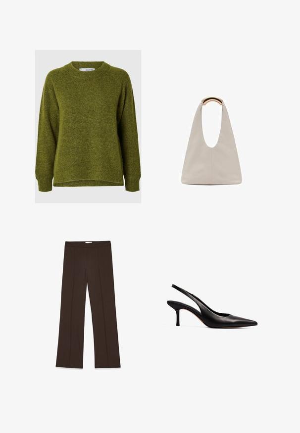 Zelena pletena pulover s okroglim izrezom, spuščeni rameni in sproščenim krojem. Mehak tekstura in nekoliko daljši zadnji rob.; Rjave, široke hlače iz gladkega materiala; vsebujejo sprednje nabore in standardni pas. Minimalističen dizajn brez vidnih zaponk.; NA-KD Klasične pete - black; Svetlo siva usnjena torba z U-oblika zasnovo in ukrivljenim kovinskim ročajem. Gladka tekstura z minimalnim šivom in brez vidnih vzorcev.; Tri do konice za lase: ena marmorirana v črni in beli barvi, dve iz školjkastega v rjavih in črnih odtenkih, vse narejeno iz sijoče plastike z teksturiranim zaključkom.