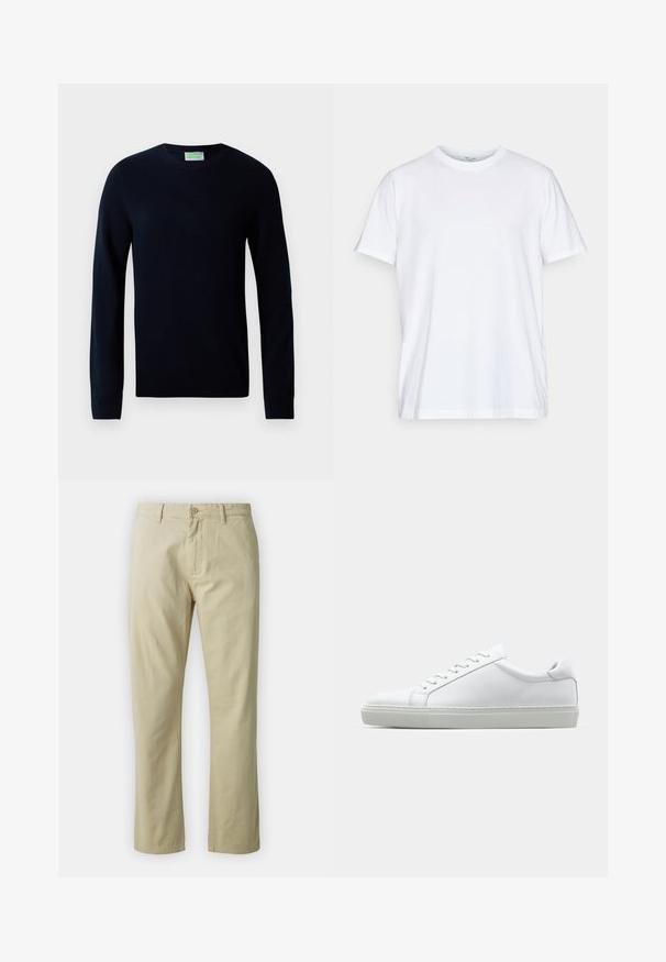 Black long-sleeve crewneck sweater with ribbed cuffs and hem, displayed on a white background.; White cotton t-shirt with short sleeves, round crew neckline, and a relaxed fit. Features minimalistic design, no patterns or accents.; Beige cotton trousers with a straight-leg design, front button closure, and belt loops. Smooth texture, no visible patterns or accents.; White sneaker with a smooth leather upper and a low profile. Features a rounded toe, six eyelets, and a textured rubber sole.
