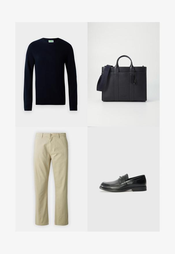 Black long-sleeve crewneck sweater with ribbed cuffs and hem, displayed on a white background.; Beige cotton trousers with a straight-leg design, front button closure, and belt loops. Smooth texture, no visible patterns or accents.; Black leather loafers with a rounded toe, featuring a stitched design, a small front strap with hardware detailing, and a flat rubber sole.; Dark navy leather briefcase with dual top handles and a detachable strap. Features textured finish, vertical stitching, and logo detail.
