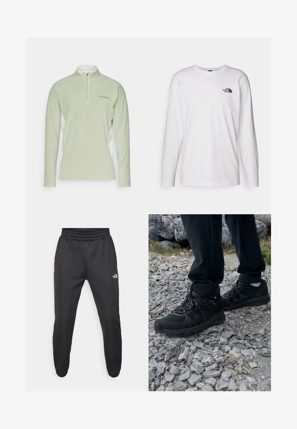 Hellgrüner Fleece-Pullover mit hohem Kragen und halbem Reißverschluss. Hat weiße Seitenpaneele und ein kleines Logo auf der Brust. Weicher Stoff.; Weißes langärmliges T-Shirt aus Baumwolle mit Rundhalsausschnitt. Verfügt über ein kleines schwarzes Logo auf der Brust. Glatte Textur, reguläre Passform.; Schwarze Jogginghose mit verstellbarem Bund, schlanker Passform, elastischen Bündchen und einem kleinen weißen Logo am linken Oberschenkel, hergestellt aus glattem Stoff.; Schwarze Outdoor-Schuhe aus Mesh und synthetischem Material, mit einer strukturierten Oberseite, gesichertem Schnürsystem und griffiger Laufsohle, auf felsigem Gelände.