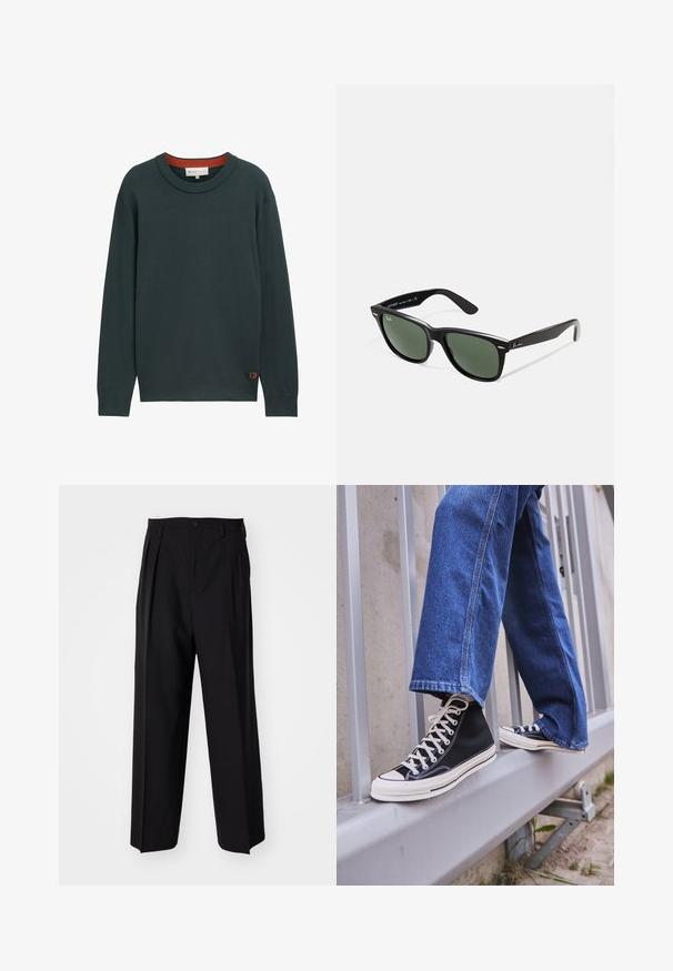 TOM TAILOR DENIM BASIC CREWNECK - Strickpullover - dark gable green; Schwarze, plissierte Hose mit geradem, weitem Bein. Hergestellt aus glattem Stoff, mit Knopfverschluss und Gürtelschlaufen.; Schwarze High-Top-Sneaker mit weißer Sohle und Schnürsenkeln, kombiniert mit lockeren blauen Jeans, die auf einem grauen Geländer ruhen.; Schwarze Plastiksonnenbrille mit grünen Gläsern, quadratischen Rahmen, silbernem Akzent auf der Augenbraue und strukturierten Bügeln. Angegebene Marke auf dem inneren Bügel.