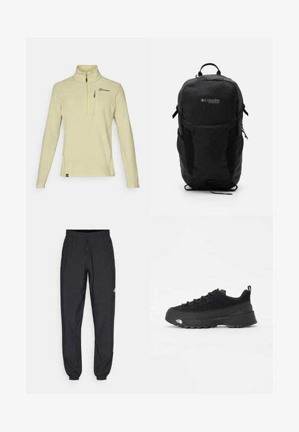 Pullover in pile giallo chiaro con colletto a mezza zip, maniche lunghe e una tasca sul petto di piccole dimensioni; presenta un logo verde e un tessuto testurizzato.; Pantaloni sportivi neri realizzati in tessuto leggero, con vita regolabile con cordino, tasche laterali e orli affusolati alle caviglie.; Sneaker da esterno nera con parte superiore in suede, suola in gomma testurizzata e robusto sistema di allacciatura. Presenta un tallone rinforzato e il logo del marchio sul lato.; Zaino Columbia Titanium nero con una texture di tessuto liscia, tasche laterali, maniglia superiore e spallacci regolabili. Design minimalista con branding discreto.