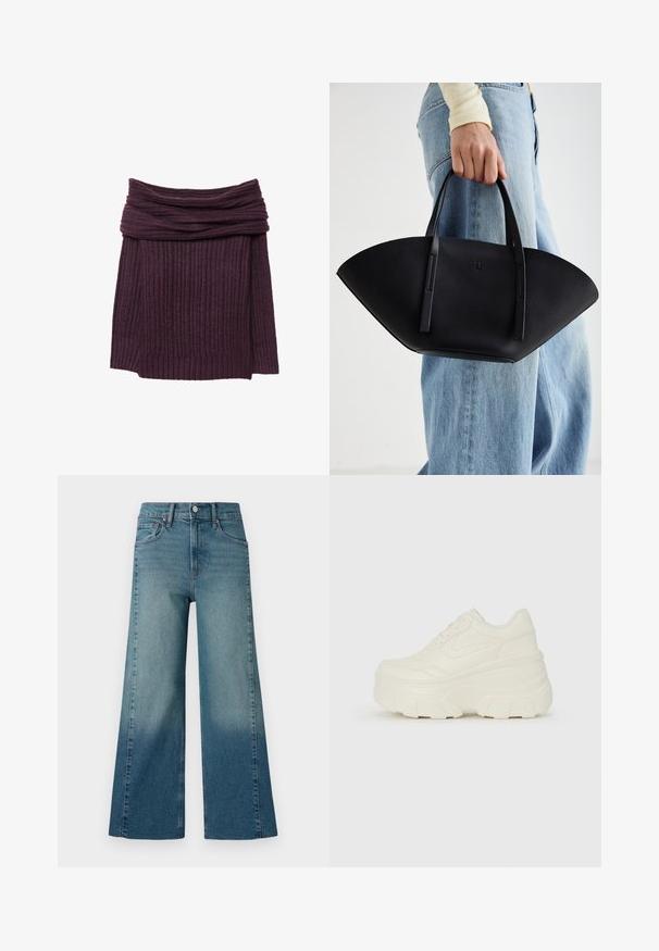 Pleteni pulover s rebrastim uzorkom u tamnoljubičastoj boji s labavim izrezom i dugim rukavima. Mekana tekstura, složeni detalj oko ovratnika.; Pantalone s širokim nogavicama u srednje plavoj nijansi, s gradijentnim učinkom od tamnijeg do svjetlijeg. Napravljeni od denima s tradicionalnim dizajnom s pet džepova.; Bijele platformske tenisice s glatkim gornjim dijelom koji nalikuje koži, zaobljenim oblikom, podstavljenim okvirom i teksturiranim gumeni potplat s definiranom profilacijom.; Crna kožna torba jedinstvenog oblika ventilatora, s ravnim ručkama. Površina ima teksturu sličnu šljunku i minimalistički dizajn.
