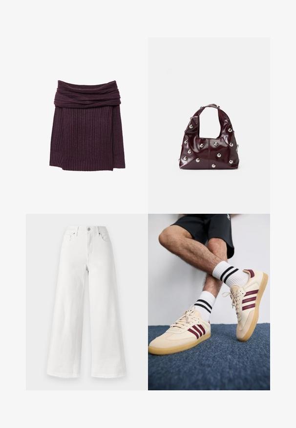 Ribbed knit sweater in deep purple with a draped neckline and long sleeves. Soft texture, layered detail around the collar.; White wide-leg jeans made of denim, featuring a high waist, four-pocket design, and raw hem at the bottom for texture.; Beige sneakers with maroon stripes, textured upper, and gum rubber sole, paired with ribbed white socks featuring black stripes.; Burgundy leather handbag featuring a rounded shape with metallic silver studs evenly spaced across the surface and a short, wide strap.