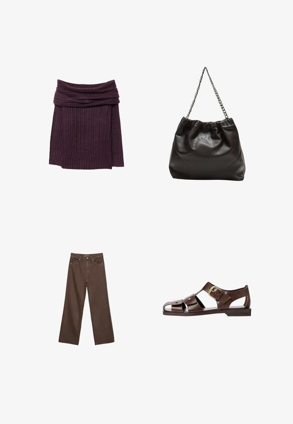 Sweter z prążkowanej dzianiny w głębokim fioletowym kolorze, z opadającym dekoltem i długimi rękawami. Miękka tekstura, warstwowy detal wokół kołnierza.; Szerokie brązowe dżinsy wykonane z denimu, z wysokim stanem, przednimi kieszeniami i klasycznym zapięciem na guzik. Gładka faktura z subtelnym przeszyciem.; Brązowe skórzane sandały z wycięciami, regulowanym zapięciem po boku i płaską podeszwą, z metalowymi akcentami i otwartym noskiem.; Brązowa skórzana torba z marszczonym szczytem i łańcuszkowym paskiem. Gładka tekstura z błyszczącym wykończeniem i subtelnymi detalami szwów po bokach.