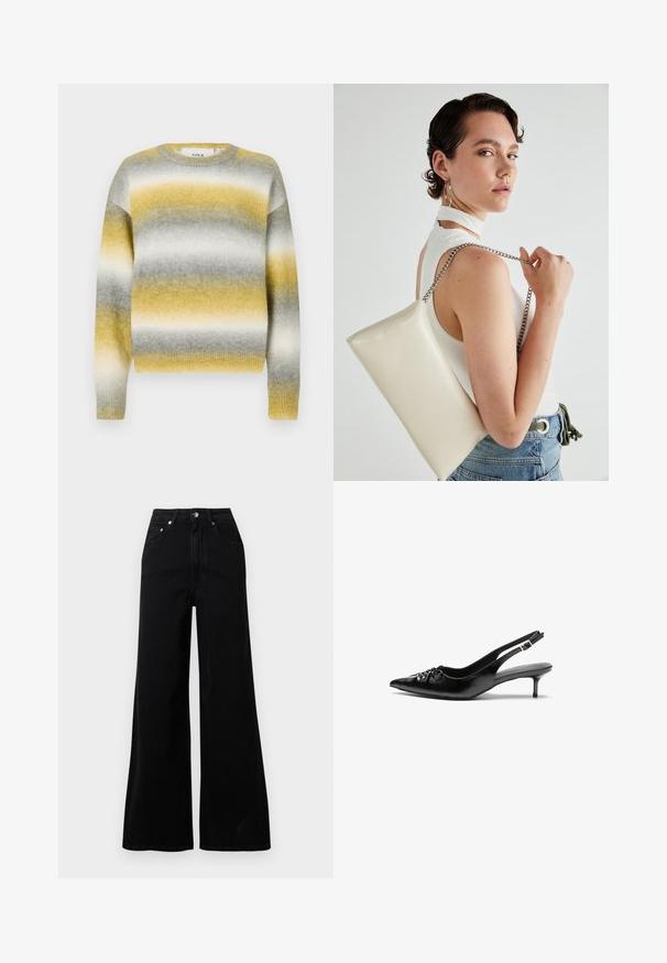 Neulepaita, jossa on vaakasuorat raidat keltaisena, harmaana ja valkoisena. Pyöreä pääntie, joustavat hihansuut ja pehmeä, teksturoitu kangas.; Musta leveälahkeiset farkut, valmistettu denimistä, joissa on korkeavyötärö, viisi taskua, edessä nappikiinnitys ja vähäiset ompeludetaljit.; Mustat nahkaiset slingback-korkokengät, joissa on terävä kärki, pieni kitten-korko ja koristeellinen solki edessä. Yksinkertainen pinta kauttaaltaan.; Valkoinen suorakulmainen clutch-laukku, joka on valmistettu kiiltävästä materiaalista ja jossa on hopeinen ketjuolkahihna. Malli poseeraa laukku käsivarsillaan yksinkertaista taustaa vasten.