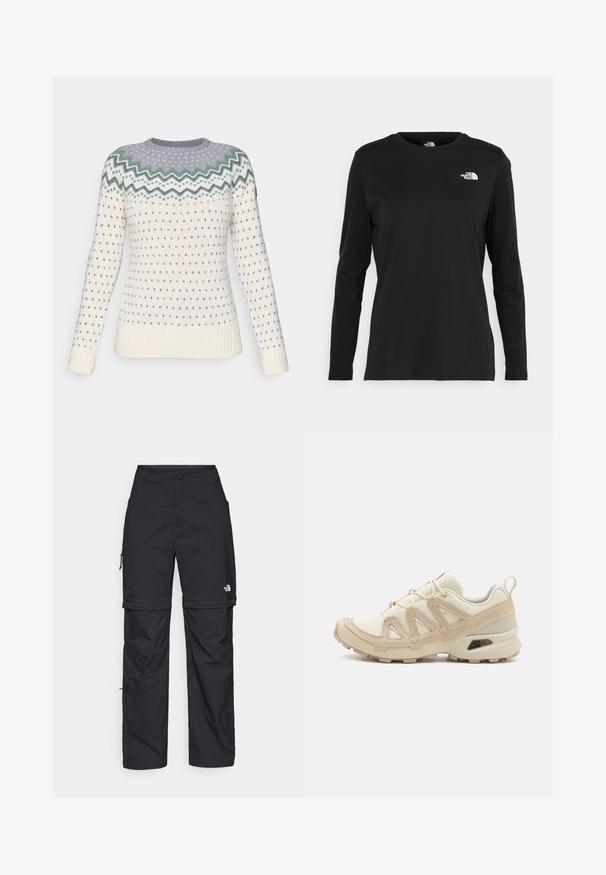 Neulepaita kermavärissä, jossa on vaaleanpunaisia ja vihreitä sahalaitakuvioita kauluksessa. Paita sisältää pieniä sinisiä sydämiä ja ribbireunuksia hihansuissa.; Musta pitkähihaisen t-paita, joka on valmistettu puuvillasta ja jossa on pyöreä kaula-aukko. Vasemmassa rinnassa on pieni valkoinen logo. Yksinkertainen muotoilu ja istuvuus.; Mustat nailonista valmistetut irrotettavat cargo-housut säädettävillä lahkeilla, useilla taskuilla ja logolla oikeassa jalassa. Liukas, kevyt rakenne.; Beige ja kreemi värvi sportlikud jalanõud, millel on tekstiilne mesh ülemine osa, toetavad ülekatted ja kummist tald, millel on mustripattern haardeks.