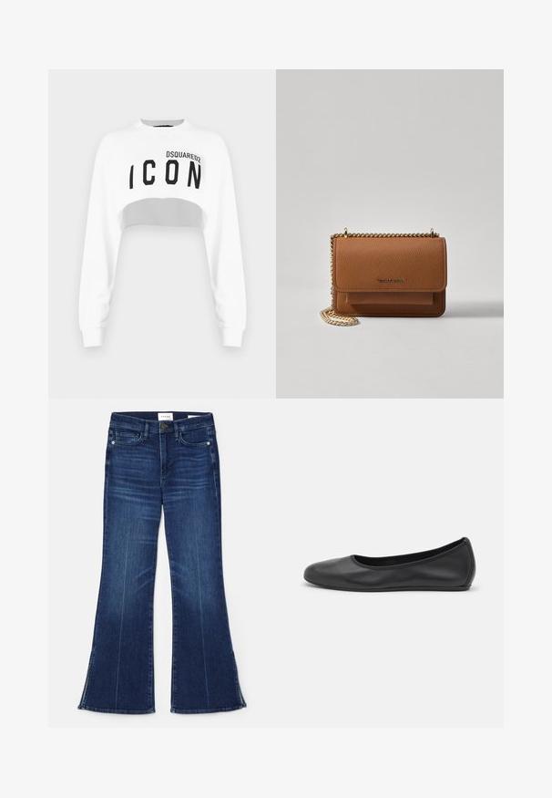 Sudadera recortada blanca con mangas largas, cuello redondo y el logo negro "ICON" en la parte delantera. Fabricada con una tela suave y lisa.; Vaqueros acampanados de color azul oscuro, hechos de mezclilla. Presentan una cintura alta, bolsillos frontales y detalles de abertura en el dobladillo. Diseño clásico de cinco bolsillos.; Bailarina de piel negra con punta redondeada, textura suave, detalle de costura minimalista y diseño de suela flexible.; Bolso crossbody de cuero texturizado marrón con correa de cadena dorada y cierre de solapa. La parte frontal presenta un detalle de logo y un bolsillo debajo de la solapa.