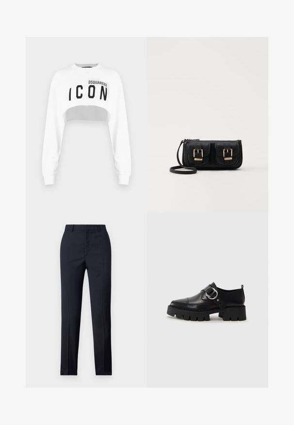 Bijela skraćena dukserica s dugim rukavima, okruglim izrezom i crnim "ICON" logotipom sprijeda. Izrađena od glatkog, mekanog materijala.; Mornarsko plave krojene hlače ravnog kroja, sa glatkom teksturom, dvije prednje džepove i urednim pojasom.; Crne kožne cipele s debelim, rebrastim potplatom, koje imaju okrugli srebrni detalj i minimalne šavove.; Crna kožna torba preko ramena s dva prednja džepa, zlatnim kopčama, zatvaranjem na zip i uskim remenom. Teksturirana površina i kompaktan pravokutan oblik.