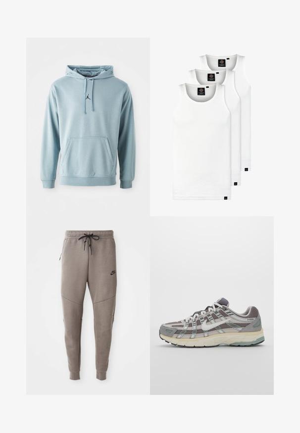 Lyseblå hettegenser laget av mykt stoff, med en frontlomme, ribbede ermer og en liten svart logo på brystet.; Tre hvite ribbestrikkede tank topper laget av bomull. Har en rund hals og små svarte etiketter nær kanten. Tilgjengelig i flere størrelser.; Grå Nike joggebukser med snor i midjen, smale ben, sidelommer og distinkte sømdetaljer. Myk, teksturert stoff.; Grå treningssko med overdel i nett og semsket skinn, hvite detaljer, en polstret såle, og et særpreget design med reflekterende elementer.