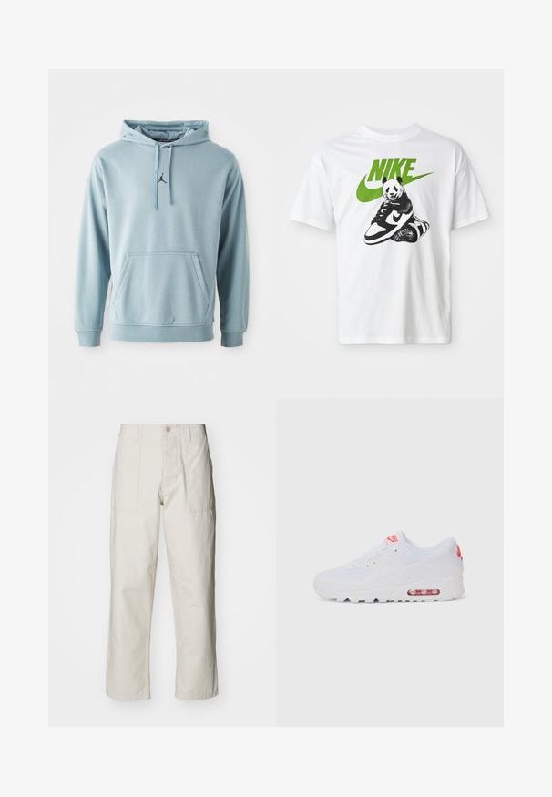 Light blue hooded sweatshirt made of soft fabric, featuring a front pocket, ribbed cuffs, and a small black logo on the chest.; White cotton t-shirt featuring a black-and-white panda graphic holding a Nike sneaker, with a green Nike logo above.; Light beige wide-leg pants made of cotton. Features front pockets and a button closure. Smooth texture with subtle vertical lines.; White athletic sneaker featuring a smooth upper, lace closure, cushioned sole, and a visible air unit with red accents on the branding.