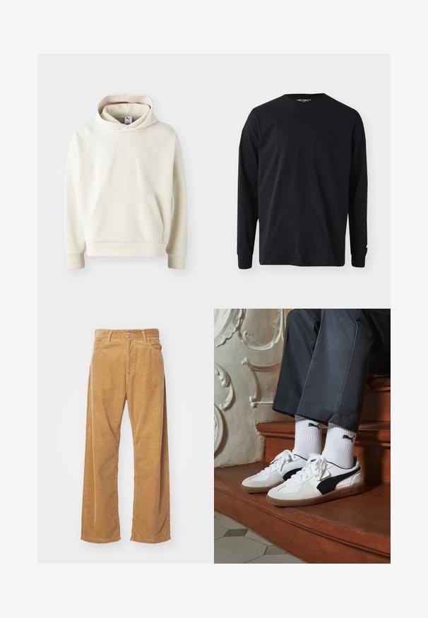 Felpa con cappuccio di colore crema, dotata di tasca frontale, polsini a coste e un piccolo logo ricamato sul petto. Tessuto di superficie liscia.; T-shirt a maniche lunghe nera in cotone, con scollatura rotonda e taglio dritto, decorato con un piccolo logo sulla manica.; Pantaloni a gamba larga in corduroy di colore beige. Presentano righe verticali testurizzate, una vita standard e due tasche frontali.; Sneakers Puma in suede bianco e nero, con suola in gomma marrone. Abbinati a calzini bianchi con logo nero, indossati con pantaloni scuri.