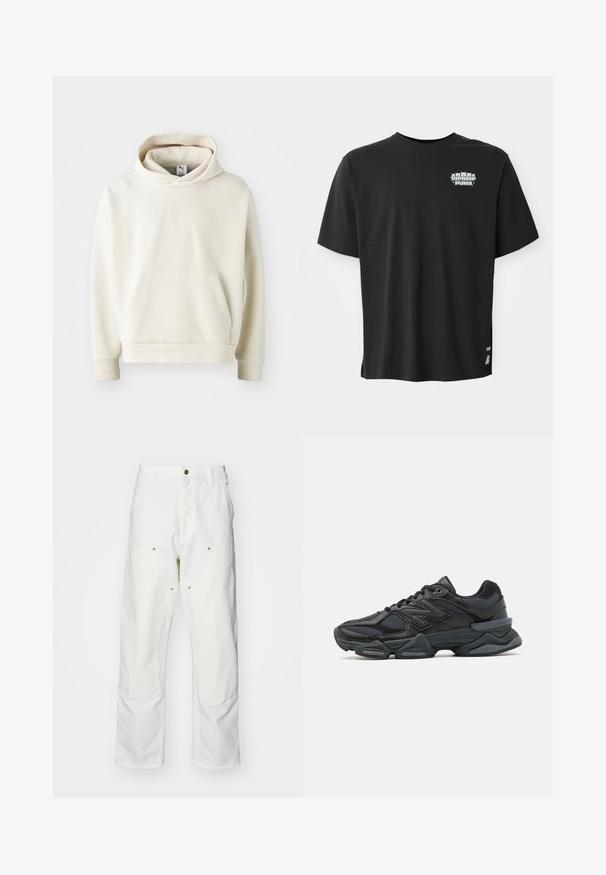 Hanorac cu glugă de culoare crem, cu un buzunar frontal, manșete cu striații și un mic logo brodat pe piept. Textură de țesătură netedă.; Tricou negru cu mânecă scurtă, cu text mic "RIPNDIP PUMA" și cinci capete de pisică grafic pe partea superioară stângă a pieptului.; Pantaloni cargo din bumbac alb, cu o croială lejeră. Caracteristicile includ buzunare frontale, accesorii din metal aurit și secțiuni întărite la genunchi.; Pantofari de alergare negri, cu un amestec de plasă și materiale sintetice, talpă masivă, design curbat și branding proeminent pe lateral.