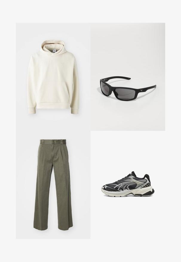 Huppari, joka on kermaisen värinen ja jossa on huppu, etutasku, ribbaatut hihat sekä pieni kirjailtu logo rinnassa. Sileä kankaan pinta.; Vihreät oliivinväriset housut, joissa on rento, leveälahkeinen muotoilu ja etuista taitoksia. Valmistettu tekstuuripinnoitteisesta kankaasta, jossa on normaali vyötärö ja ilman näkyvää metalliosaa.; Musta urheilujalkine, jossa on verkko- ja synteettisiä päällysteitä, varustettuna pehmustetulla kauluksella, tekstuurilla varustetulla pohjalla ja hopeisilla yksityiskohdilla virtaviivaisessa muotoilussa.; Mustat aurinkolasit, joissa on mattapinta, suorakulmaiset linssit ja silmiinpistävä logo korvassa. Napautetut linssit, UV-suoja.