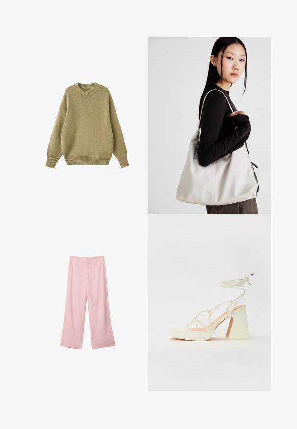 Strickpullover in einem gedämpften Olivton, mit einem runden Ausschnitt, überschnittenen Schultern und gerippten Bündchen sowie Saum für zusätzliche Textur.; Helle rosa, weit geschnittene Hosen aus glattem Stoff. Mit einem strukturierten Bund und geraden, fließenden Beinen, ohne sichtbare Muster oder Beschläge.; Weiße High-Heel-Sandale mit einem klobigen Absatz, die über ein Riemchendesign und ein Knöchelband verfügt. Glatte Textur mit einer Plattform vorne für zusätzliche Höhe.; Beige Handtasche aus weichem Material, mit einem lässigen Design, gesteppten Details und zwei Schulterriemen. Geeignet für den täglichen Gebrauch.