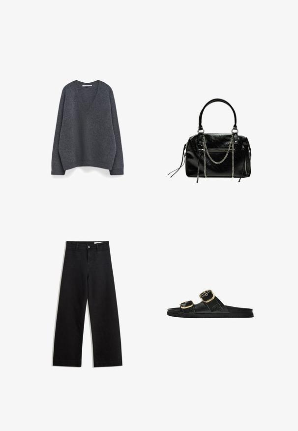 Grijze v-hals trui met een relaxte pasvorm, gemaakt van zacht breipatroon. Voorzien van ribgebreide manchetten en zoom, met een gladde textuur en minimale details.; Zwarte denim broek met wijde pijpen en een hoge taille, voorzien van voor- en achterzakken, gestikte naden en een knoopsluiting. Gladde textuur.; Zwarte slipper met twee gouden gesps, gladde textuur, platte zool en een minimalistisch ontwerp.; Bershka WITH CHAIN - Handtas - black