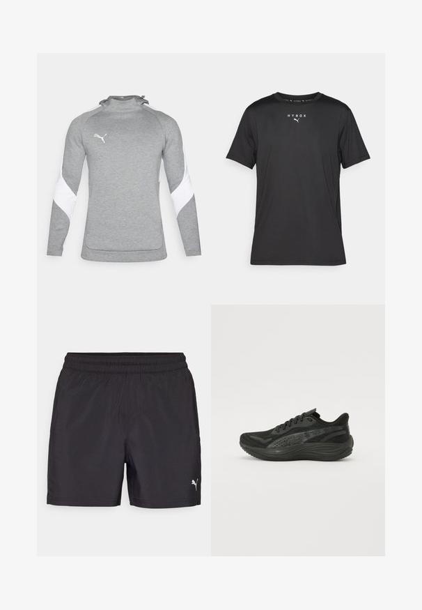 Šedý svetr s dlouhými rukávy, zdobený bílými akcenty na ramenou, vysokým límcem a malým logem na hrudi. Texturovaná látka.; Černé sportovní tričko s krátkým rukávem vyrobené z lehkého materiálu. Má kulatý výstřih a na přední straně potisk s logem "HYROX" a emblémem Puma.; Černé sportovní šortky s elastickým pasem, vyrobené z lehkého materiálu, s malým bílým logem na spodní straně.; Černá sportovní obuv s texturovaným síťovaným svrškem, plochými tkaničkami a polstrovanou podešví s decentními reflexními prvky.