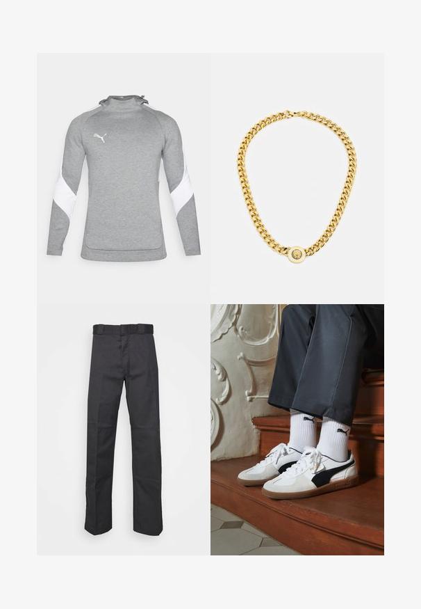 Szürke pulóver hosszú ujjakkal, fehér díszítéssel a vállakon, magas nyakkal és egy kis logóval a mellen. Texturált anyag.; Fekete nadrág tartós anyagból, egyenes szárú kivitelben, övhurkokkal ellátott derékkal és további textúrát adó varratokkal.; Fehér és fekete velúr Puma sportcipők, barna gumitalppal. Fehér zoknival párosítva, amely fekete logót visel, sötét nadrággal kombinálva.; Arany lánc nyaklánc nagy, egymásba fonódó gyűrűkkel, középen egy kiemelkedő emblémával ellátott kört alakító medállal.