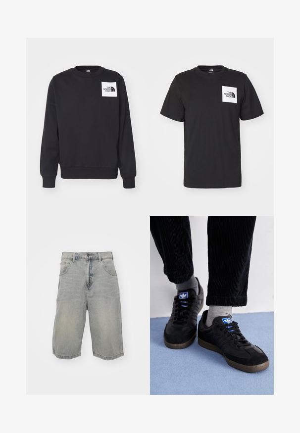 Svart sweatshirt med rundad halsringning, ribbade ärmslut och nederkant. Har en vit fyrkantig patch med "THE NORTH FACE"-logotypen på bröstet.; Svart bomullst-shirt med kort ärm, rund halsringning och en vit fyrkantig bröstlogotyp med texten "The North Face" och en böjd design.; Ljusblå denimshorts med en avslappnad passform, som har fem fickor, bälteshällor och en urtvättad struktur. Sömmen är rullad och sydd.; Svarta sneakers med mocka- och lädermaterial, med en blå logotyp och brun gummisul. I kombination med grå strumpor och kordbyxor.
