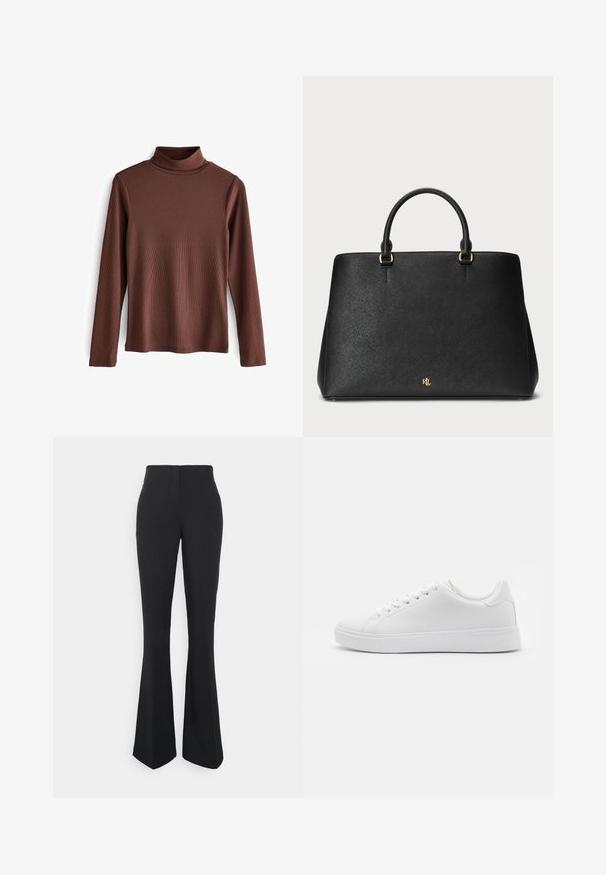 Next ROLL NECK STANDARD - Strickpullover - brown; ONLY Tall ONLEDINA FLARE PANT - Stoffhose - black; Weiße Sneakers mit einem glatten synthetischen Obermaterial, runder Zehenform, sechs Ösen für Schnürsenkel und einer flachen Gummisohle mit strukturierten Details.; Schwarze Lederhandtasche mit strukturiertem Design, glatter Oberfläche und zwei oberen Griffen. Mit goldenen Akzenten und einem Logo am Boden.