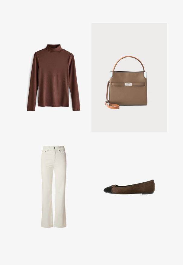 Next - Sweter; Białe dżinsy w stylu dzwonów wykonane z denimu. Posiadają wysoki stan, pięć kieszeni oraz metalowe zapięcie. Gładka faktura bez widocznych wzorów.; Czarne zamszowe baleriny w kolorze brązowym z czarnym czubkiem i małą kokardką, niska obcas, oraz elastyczna lamówka wokół otwarcia.; Brązowa skórzana torebka o strukturalnym designie, pomarańczowy uchwyt, srebrne okucia oraz przednia kieszeń z zapięciem na klamrę.