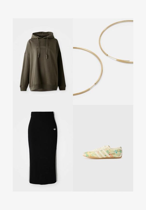 Ciemnooliwkowy hoodie wykonany z miękkiej bawełny, z przednią kieszenią kangurkową, kapturem ze sznurkiem oraz wypukłym logo na piersi.; Czarna prążkowana spódnica midi o dopasowanym fasonie, z białymi paskami po bokach i małym białym emblematem z lewej strony.; adidas Originals TOKYO X LIBERTY LONDON mleczny; Złote kolczyki w kształcie cienkich okrągłych obręczy, o gładkim metalicznym wykończeniu, bez zdobień czy wzorów.