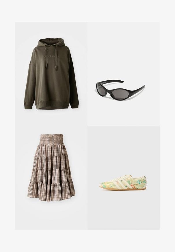 Dark olive green hoodie made of soft cotton blend, featuring a front kangaroo pocket, drawstring hood, and embossed logo on the chest.; Tiered, smocked skirt in a beige and brown checked pattern. Features a flared silhouette and textured fabric.; adidas Originals TOKYO X LIBERTY LONDON - Trainers - cream white/gold-coloured/gum; Black sunglasses with an oval shape and dark lenses. Sleek plastic frame with textured accents on the arms. Branding on the side.