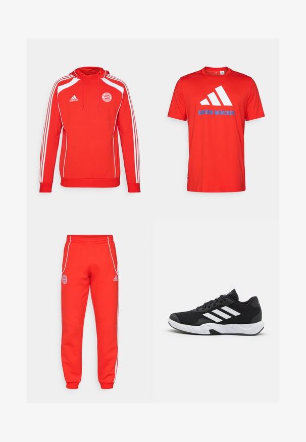 Felpa con cappuccio rossa con dettagli bianchi e tre strisce bianche lungo le maniche. Presenta il logo del FC Bayern München e un cappuccio con coulisse.; T-shirt in cotone rosso con logo bianco a tre strisce e "BAYERN MÜNCHEN" in blu. Collo rotondo e maniche corte, design semplice.; Pantaloni sportivi rossi con cintura elastica, strisce bianche sui lati e dettagli del logo sull'anca e sulla parte inferiore della gamba. Realizzati in morbido tessuto con polsini a coste.; Scarpe da ginnastica nere con una tomaia in mesh texturizzata, strisce bianche di accento, suola imbottita e tallone rinforzato per supporto.