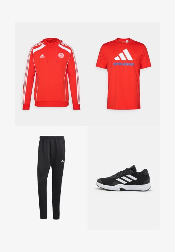 Sudadera con capucha roja y acentos blancos, con tres franjas blancas a lo largo de las mangas. Presenta el logo del FC Bayern München y capucha con cordón.; Camiseta de algodón roja con un logo de tres rayas blancas y "BAYERN MÜNCHEN" en azul. Cuello redondo y mangas cortas, diseño simple.; Pantalones deportivos negros con una cinturilla elástica, rayas laterales blancas y un pequeño logo blanco en el muslo. Fabricados con un material suave y ligero.; Zapatillas deportivas negras con una parte superior de malla texturizada, rayas de acento blancas, suela acolchada y talón reforzado para mayor soporte.