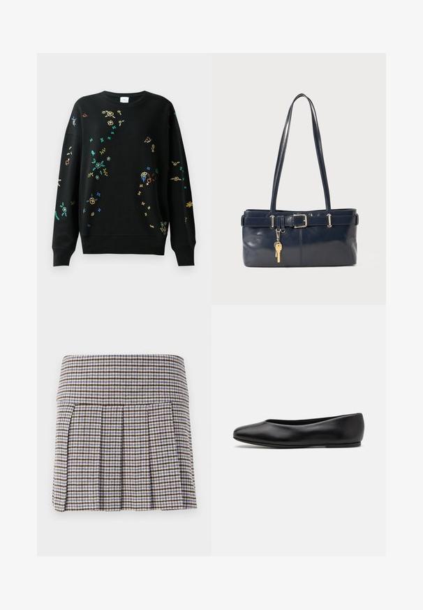 Black sweatshirt with multicolored floral and butterfly embroidery, crew neck, loose fit, ribbed cuffs and hem. Soft cotton blend material.; Pleated skirt in a brown, beige, and blue check pattern. Made of a textured fabric with a fitted waistband and decorative pleats.; Paul Smith TOPANGA - Ballet pumps - black; Navy leather handbag with two long handles, a buckle detail, and a keychain attached. Features a smooth texture and a rectangular shape.