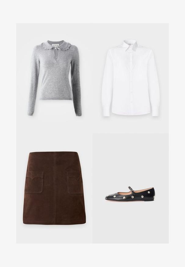 Gray knitted sweater with a ruffled collar, long sleeves, and a V-cut neckline. Features a drawstring detail at the collar.; White long-sleeve shirt made of smooth fabric, featuring a collared neckline and a button front with light pink buttons.; Brown suede skirt featuring a classic A-line shape, two front pockets with rounded flaps, and subtle stitching details.; Black leather Mary Jane flat shoe with a rounded toe, featuring silver circular studs and an adjustable strap with a buckle.