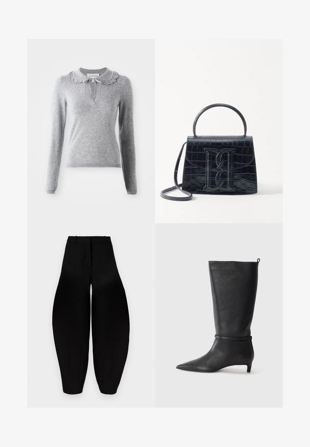Gray knitted sweater with a ruffled collar, long sleeves, and a V-cut neckline. Features a drawstring detail at the collar.; Black wide-leg trousers with a high waist, pleated front, and tapered ankles. Made from smooth fabric with a matte finish.; Black leather knee-high boot with a pointed toe, accented by a circular strap around the ankle and a low, tapered heel. Smooth texture.; Black crocodile-embossed leather handbag with a structured design, top handle, adjustable strap, and a prominent front logo detail.